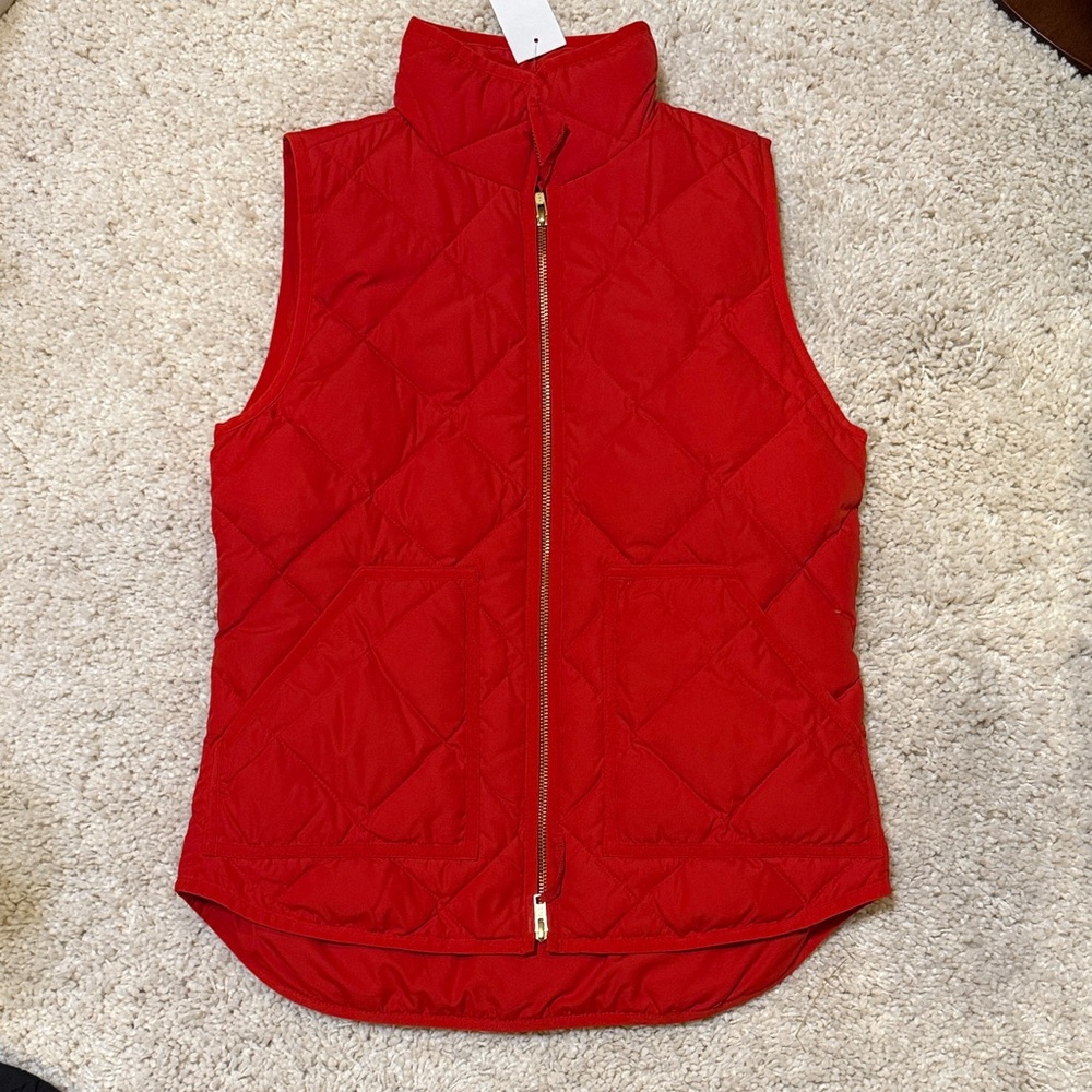 New JCrew vest red quilted diamond down gold zipper pocket xs fits small also